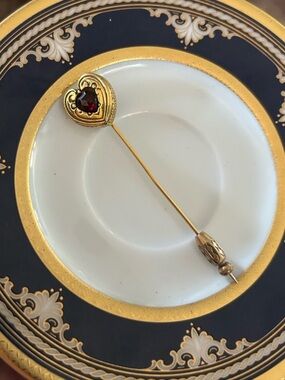 Vintage Victorian Revival Red Glass Heart Stick Pin